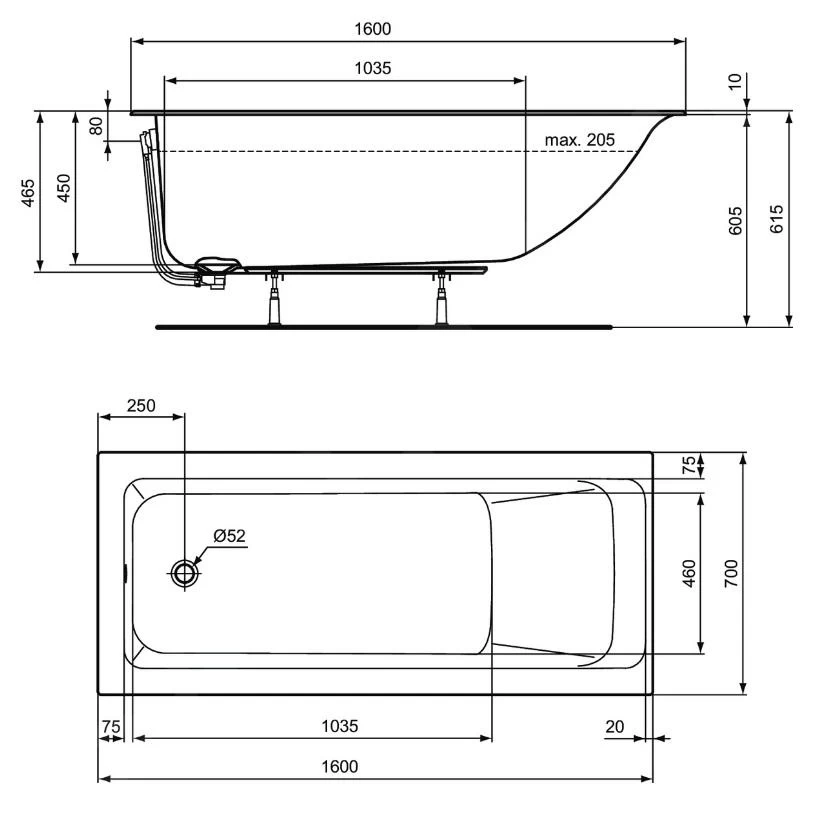 Ideal Standard Connect Air - Baignoire 1600x700 Mm, Blanc R029401 4 Ideal Standard Connect Air - Baignoire 1600x700 Mm, Blanc R029401 – Image 2