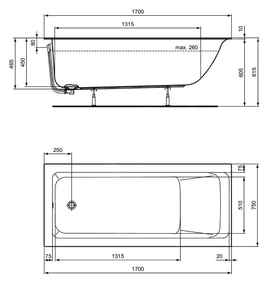 Ideal Standard Connect Air - Baignoire 1700x750 Mm, Blanc R029501 4 Ideal Standard Connect Air - Baignoire 1700x750 Mm, Blanc R029501 – Image 2