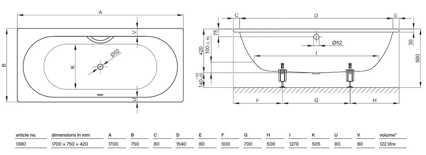 Bette Starlet - Baignoire Encastrable 1700x750 Mm, 1 Trou Pour Poignée, Blanc 1380-0001GR 4 Bette Starlet - Baignoire Encastrable 1700x750 Mm, 1 Trou Pour Poignée, Blanc 1380-0001GR – Image 2