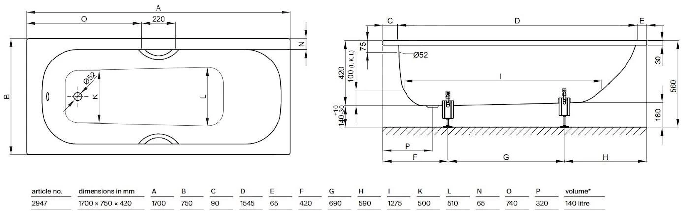 Bette Form - Baignoire Encastrable 1700x750 Mm, 2 Trous Pour Poignée, Anti-Slip, Blanc 2947-0002GR,AR 4 Bette Form - Baignoire Encastrable 1700x750 Mm, 2 Trous Pour Poignée, Anti-Slip, Blanc 2947-0002GR,AR – Image 2